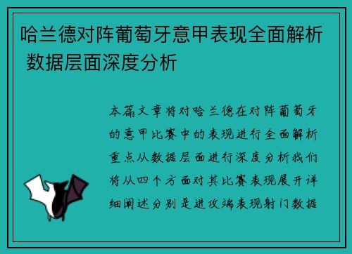 哈兰德对阵葡萄牙意甲表现全面解析 数据层面深度分析